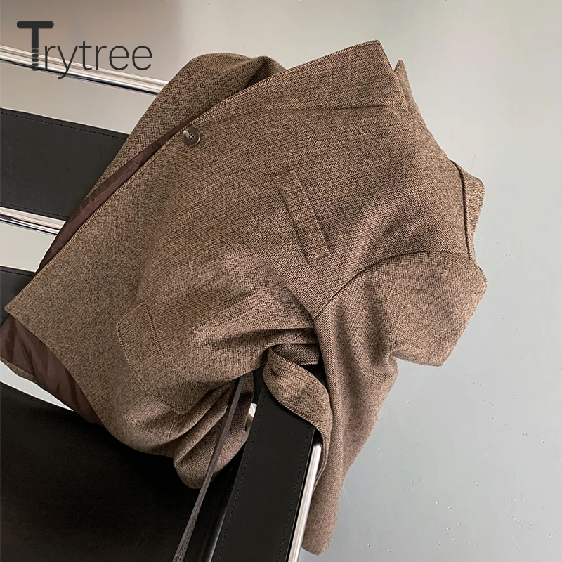 

Trytree 2020 Spring Autumn Women Casual Blazer Notched Collar Single Button Pockets Belt Women's Jacket Striped Office Lady Coat