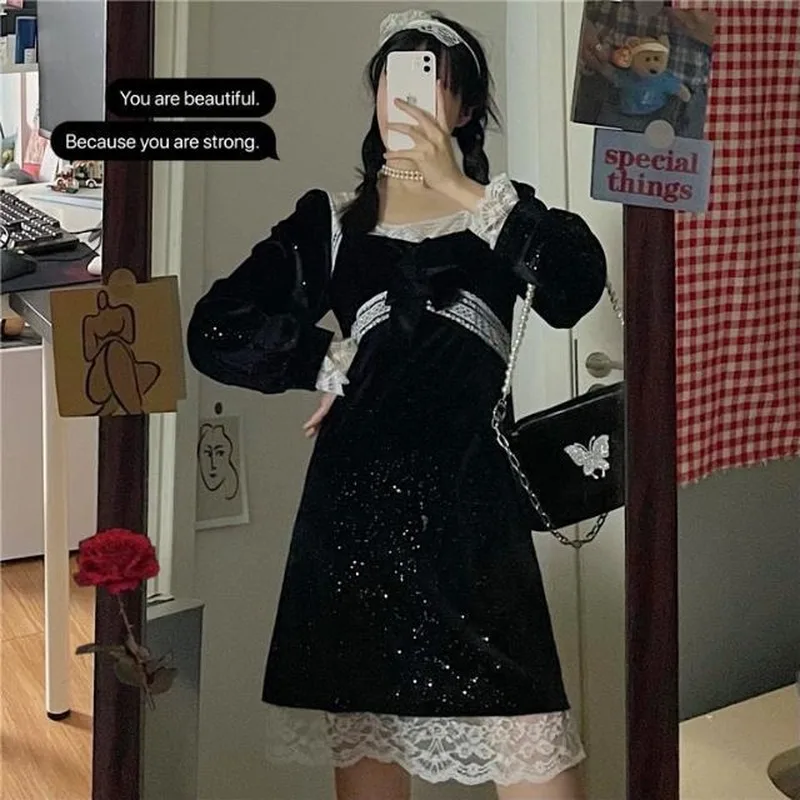 

Black Gothic Dress Women Winter Elegant Lace Patchwork Party Dress Female High Street Japanese Kawaii Korean Dress Women 2021