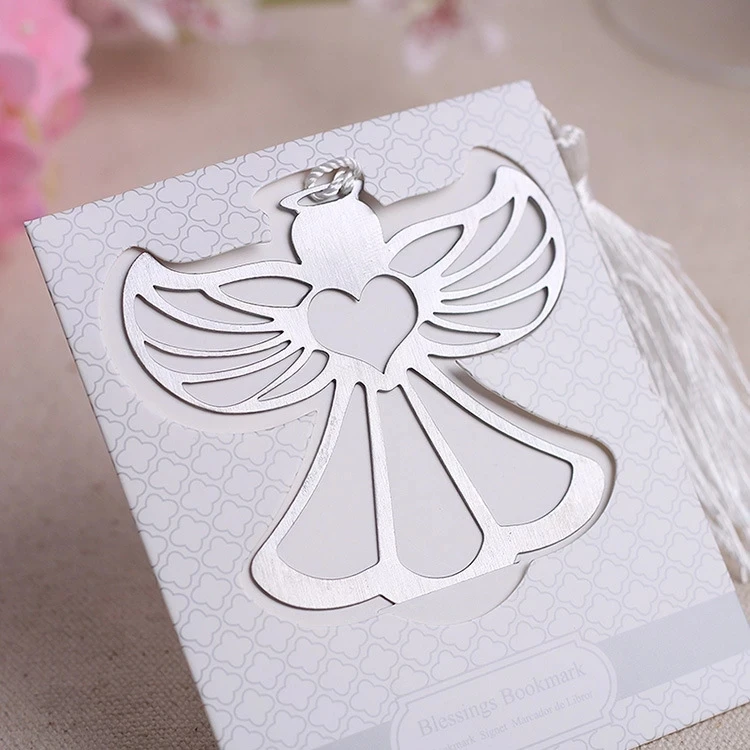 

(50pcs/lot)FREE SHIPPING+"Blessings" Metal Angel Bookmark With a Lovely White Tassel Baby Christening Souvenir Wedding Favors