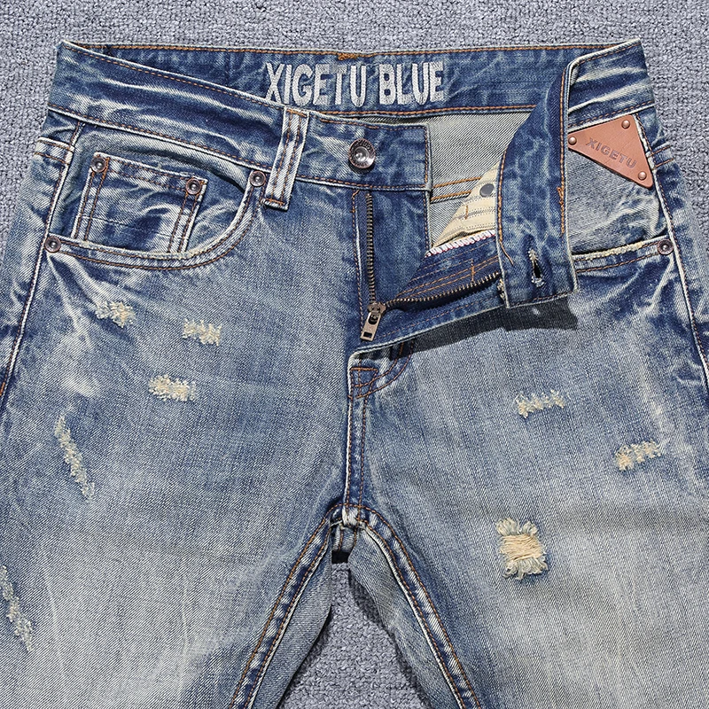 

Newly Vintage Fashion Men Jeans High Quality Retro Distressed Wash Slim Fit Ripped Jeans For Men Streetwear Hip Hop Denim Pants