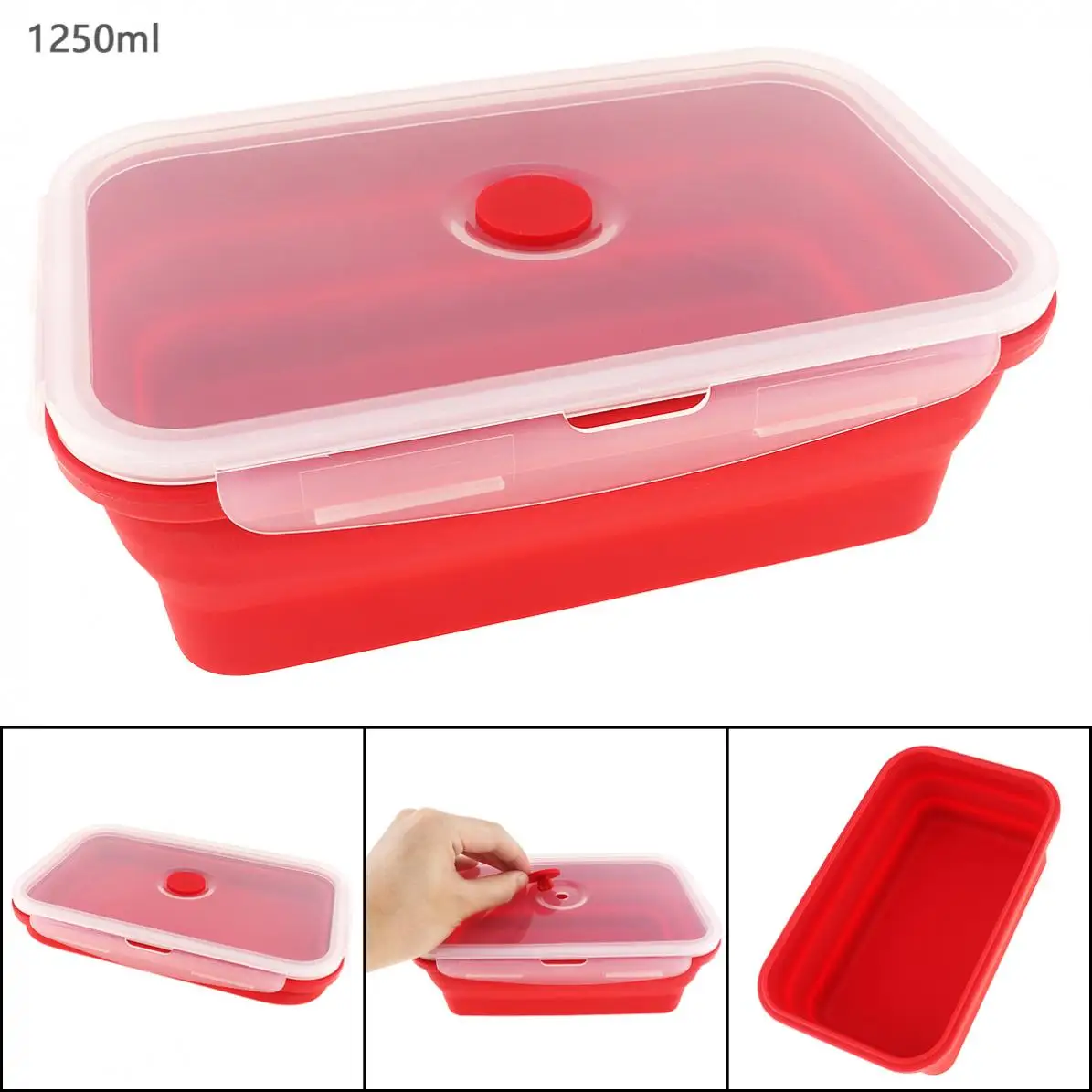 1250 мл Красная портативная коробка для завтрака прямоугольная силиконовая