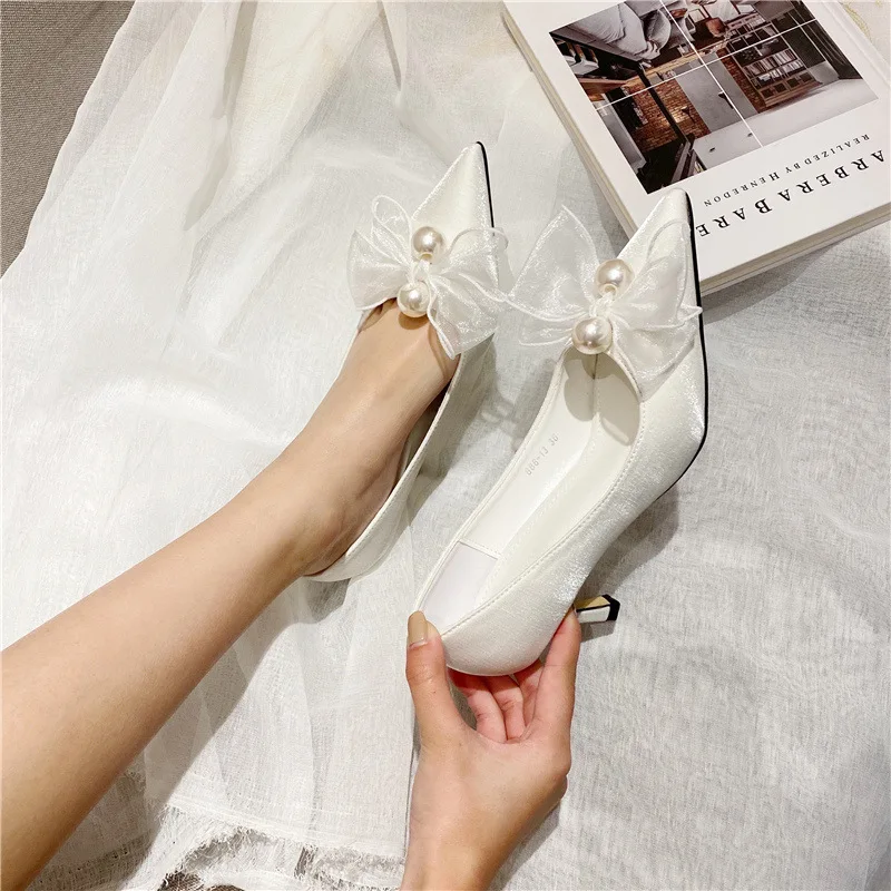

Fairy High Heels Design Sense Niche Pearl Bow Heels