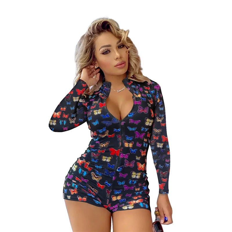 Женский Облегающий комбинезон с принтом бабочек длинным рукавом на