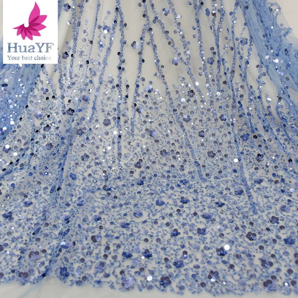 

1 yard Popular Fashion Heavy Beaded Net Lace With Pearls Blue Tulle Fabrics Sequins For Party Dress 2022 HY1306