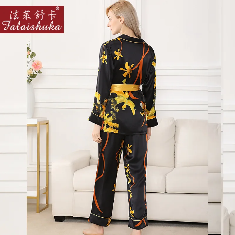 Silk Stain Pajamas 2020 Flower Print Full Sleeve Woman Spring Summer New Homewear 100% Silk Sleepwear Sets Home Wears XL
