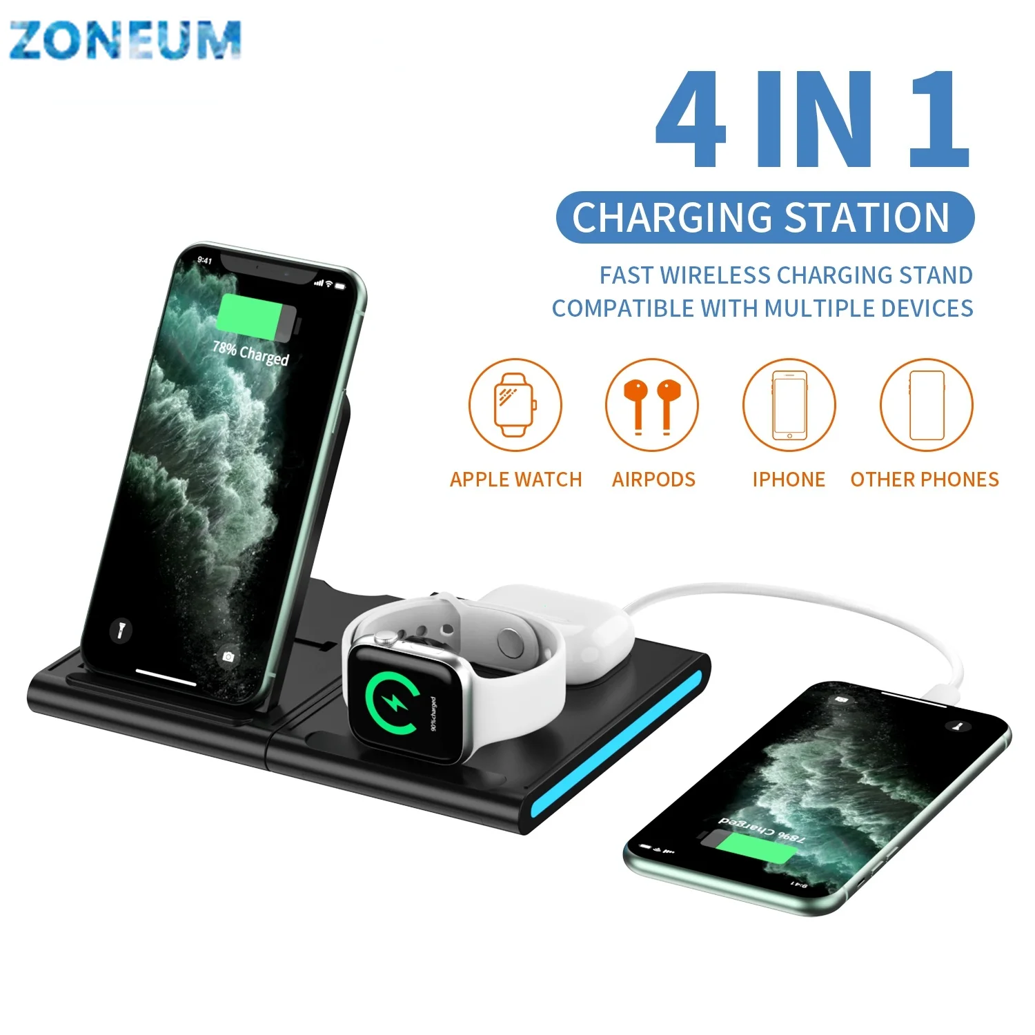 

ZONEUM 15W Qi Fast Charger Dock Station Wireless Charging Stand For Apple Watch 6 5 4 3 2 iPhone 12 11 X XS XR 8 Airpods 2 Pro