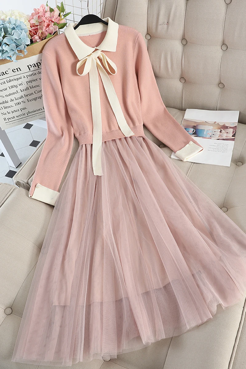 

Autumn Winter 2021 Women 2pcs Set Elegant Turn-down Collar Knitted Short Sweater + High Waist Mesh Dress Female Two Piece Sets