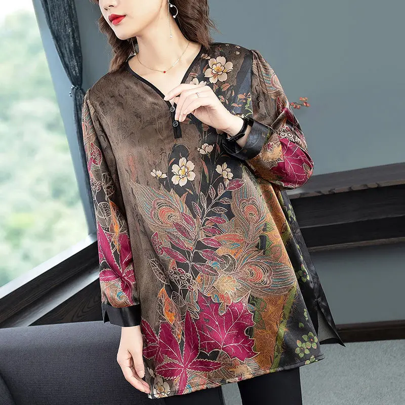 

Heavyweight Silk Top Women's Long Sleeve 2021 Spring And Summer New Retro Printing Large Size Medium And Long Shirt