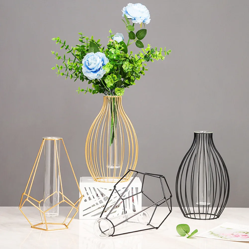 

Nordic Style Iron Art Vase Plant Flower Vase Glass Tube Bottle Stand Rack Metal Plant Holder Ornament Home Decoration