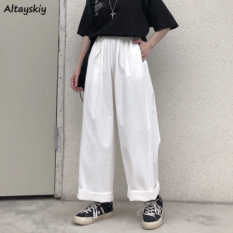 

Casual Pants Women Drawstring Baggy Pure Color Spring Students Straight Feminine White Minimalist Fashion Daily Chic Ulzzang New