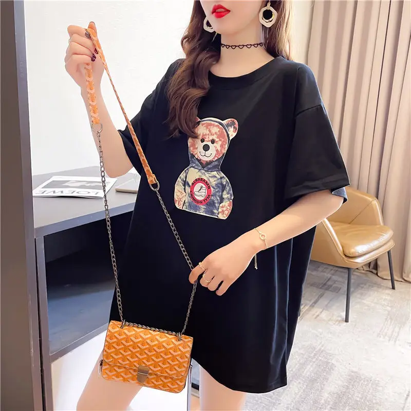 

Cotton size 100.00kg short sleeve T-shirt women's ins summer 2021 new Korean style Joker loose foreign style belly coat