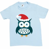blue big eye christmas owl wearing santa hat kids boys girls t shirt