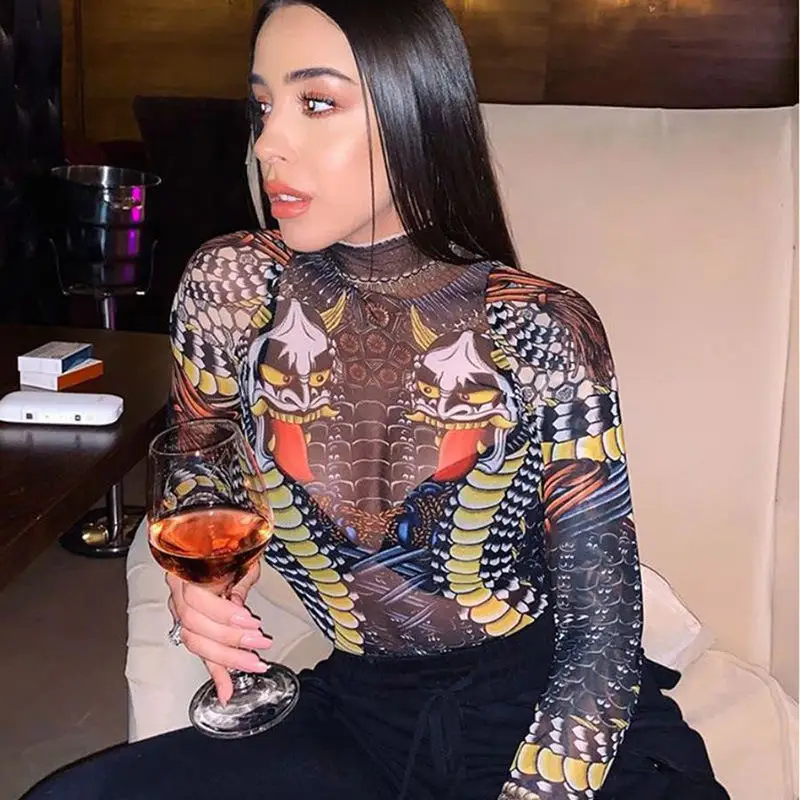 SYSYWEL сексуальный сетчатый Прозрачный женский комбинезон с модным принтом