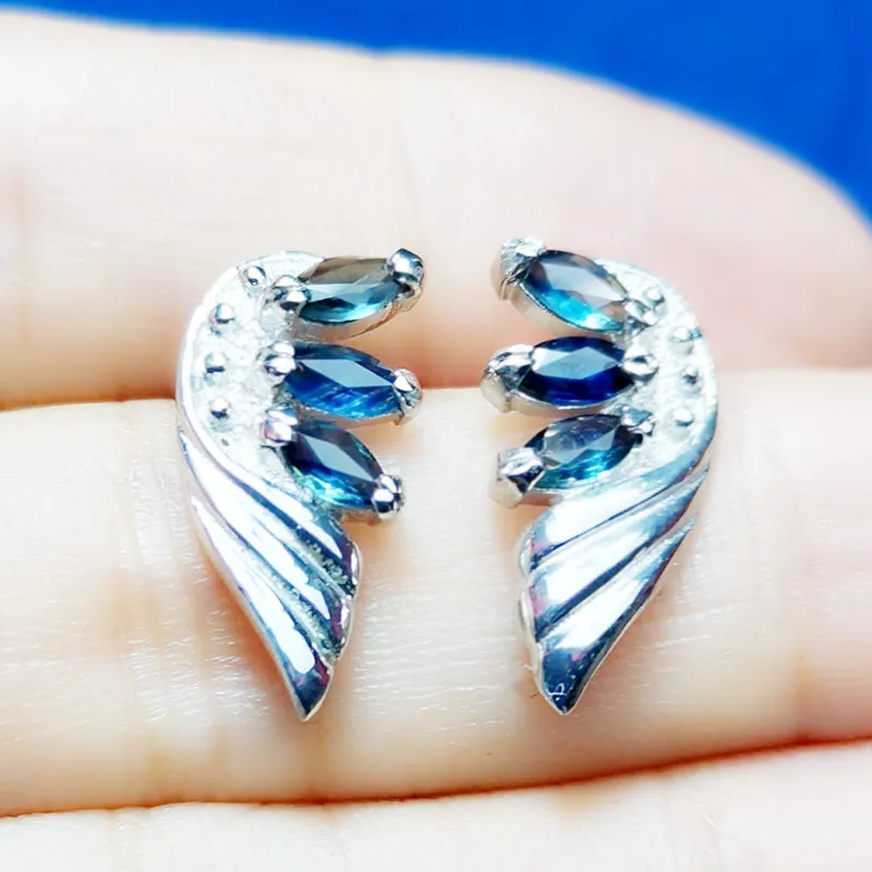 Натуральный настоящий синий сапфир крыло Стиль серьги гвоздики в ювелирные