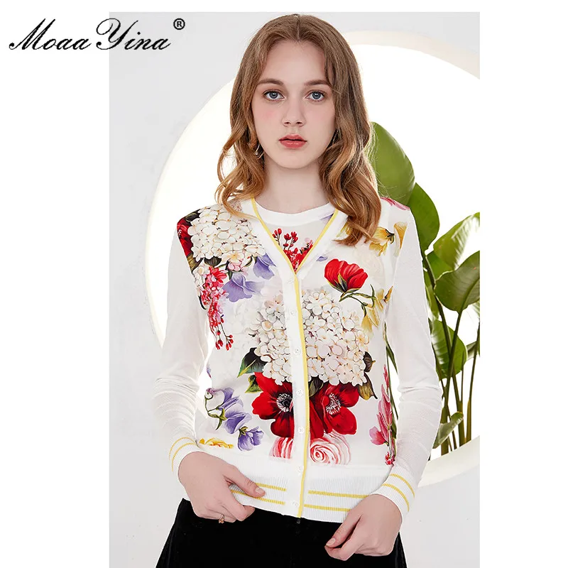 MoaaYina Spring Autumn V-neck Long sleeve Cardigans Knitting Tops Women's Elegant Floral-Print Silk Sweater Thin Coat - Цвет: Белый