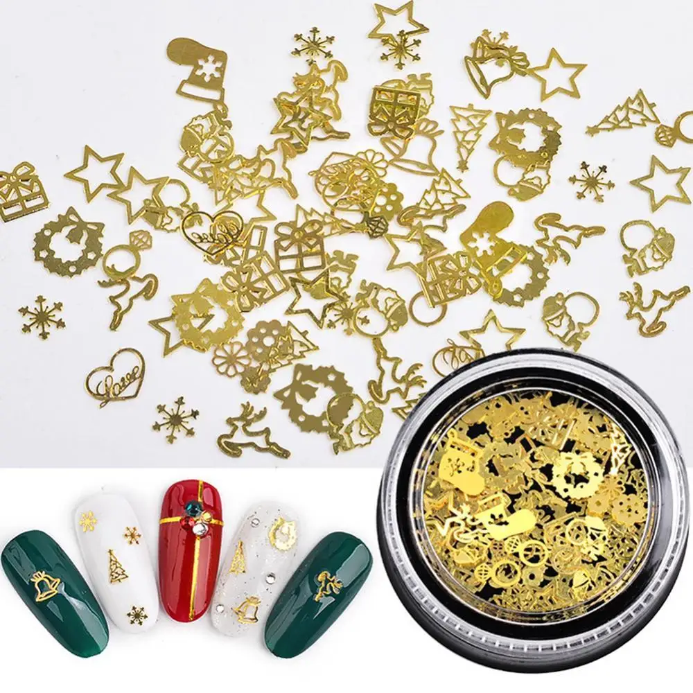 

50% Hot Sale 2 Boxes Metal Hollow Out Christmas Leaf Gear Slices Nail Art Sequins Decals