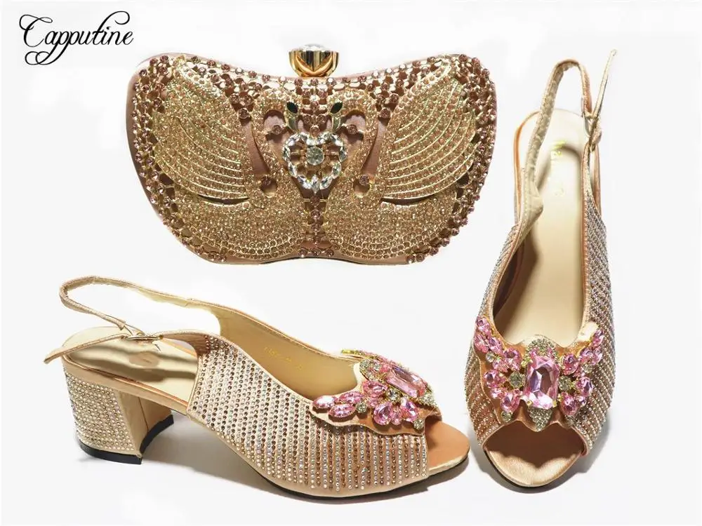 

Latest Champagne Color Shoes And Clutch Bag Women High Heels Pumps With Handbag Set For Party GL1032 Height 5cm
