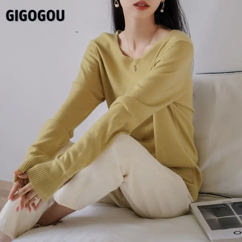 

GIGOGOU y2k Cashmere Sweaters Women Wool Pullover Top Solid V Neck Female Jumper Casual Loose Winter Christmas Sweater