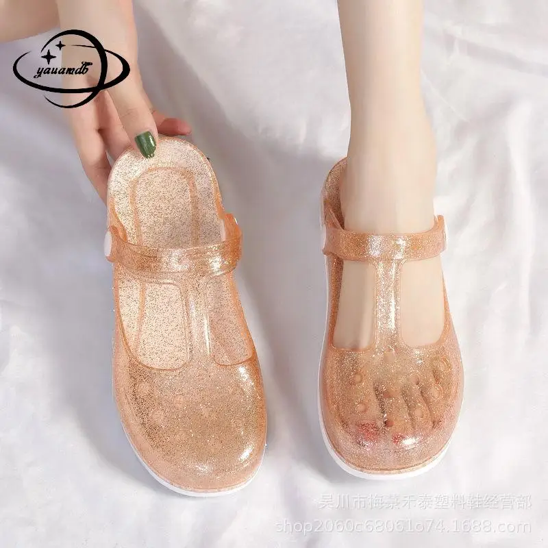 

36-41 Womens Mules & Clogs Summer Female Sandals Flat With Solid Color Shiny Jelly Beach Slippers Ladies Garden Shoes Hy14