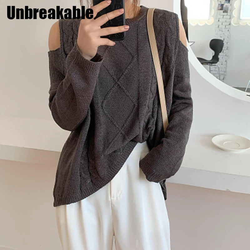 

Женский трикотажный свитер с открытыми плечами, однотонный Свободный пуловер с открытыми плечами, осень 2020