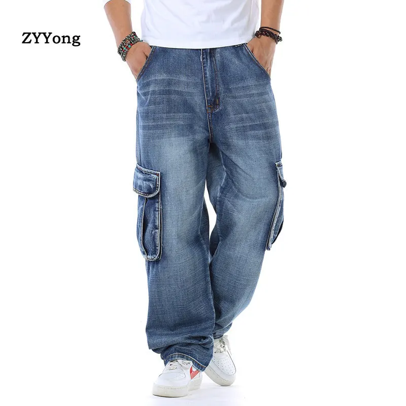 Spring Large Size Jeans Men's Denim Pants Loose Straight Multi Pockets Casual Hip Hop Cargo Blue Trousers Plus Size 30-46
