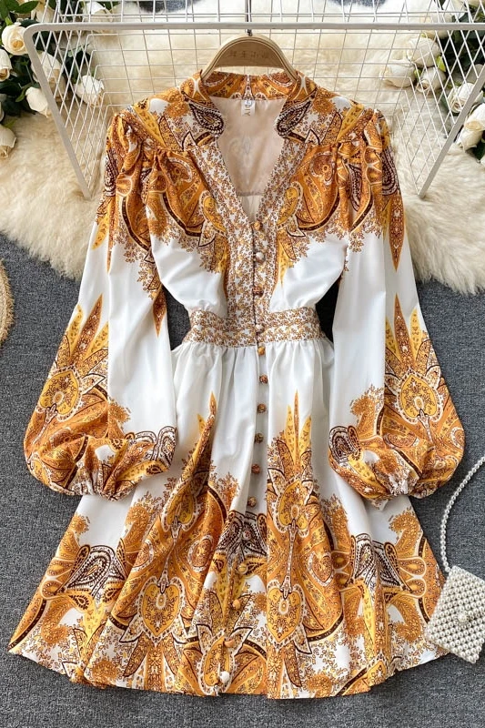

Palace Style Elegant Lantern Sleeve Dress For Women 2021 Summer Autumn Single Breasted Streetwear Floral Dress Holiday Vestidos