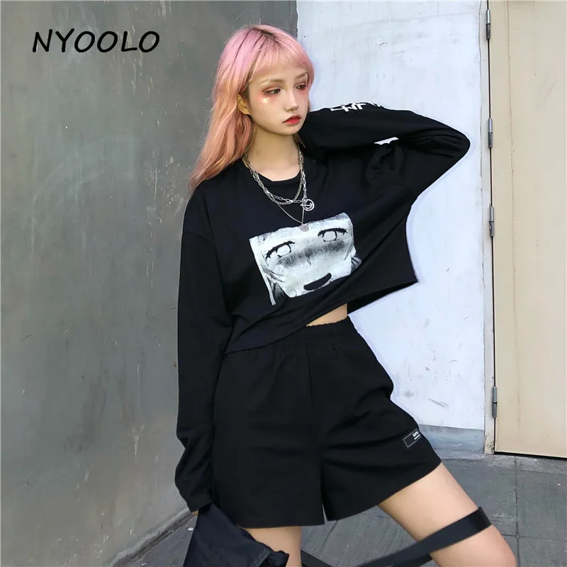 NYOOLO Harajuku стиль хип-хоп мультфильм девушка письмо с узором короткая футболка рубашка Осень Свободный длинный рукав футболка женская одежда Топ Футболка