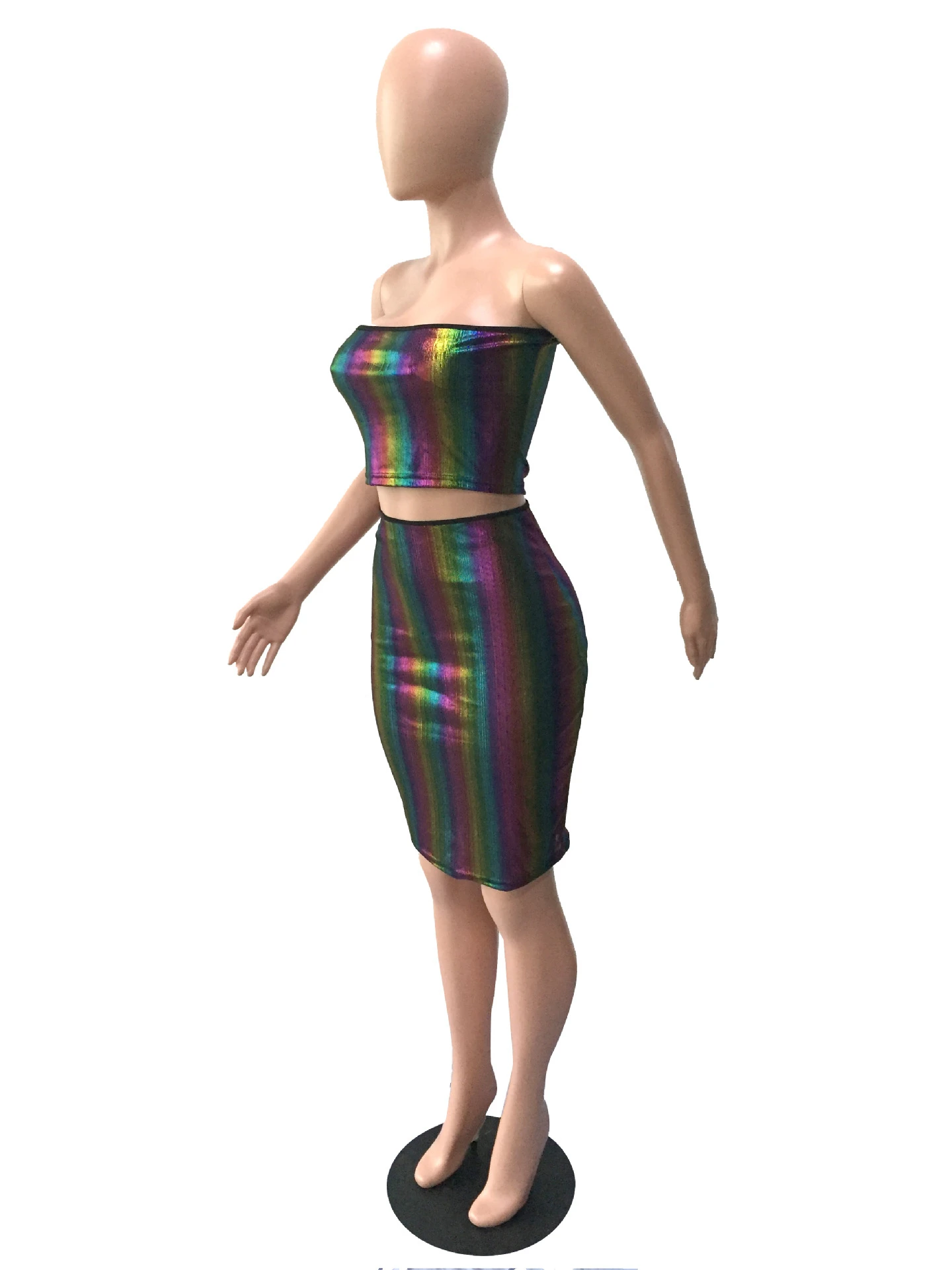 

Cutubly Rainbow Stripe Two Piece Set Strapless Top Midi Skirt Set Tracksuit Autumn Fashion Gradient Print Women Set Outfits