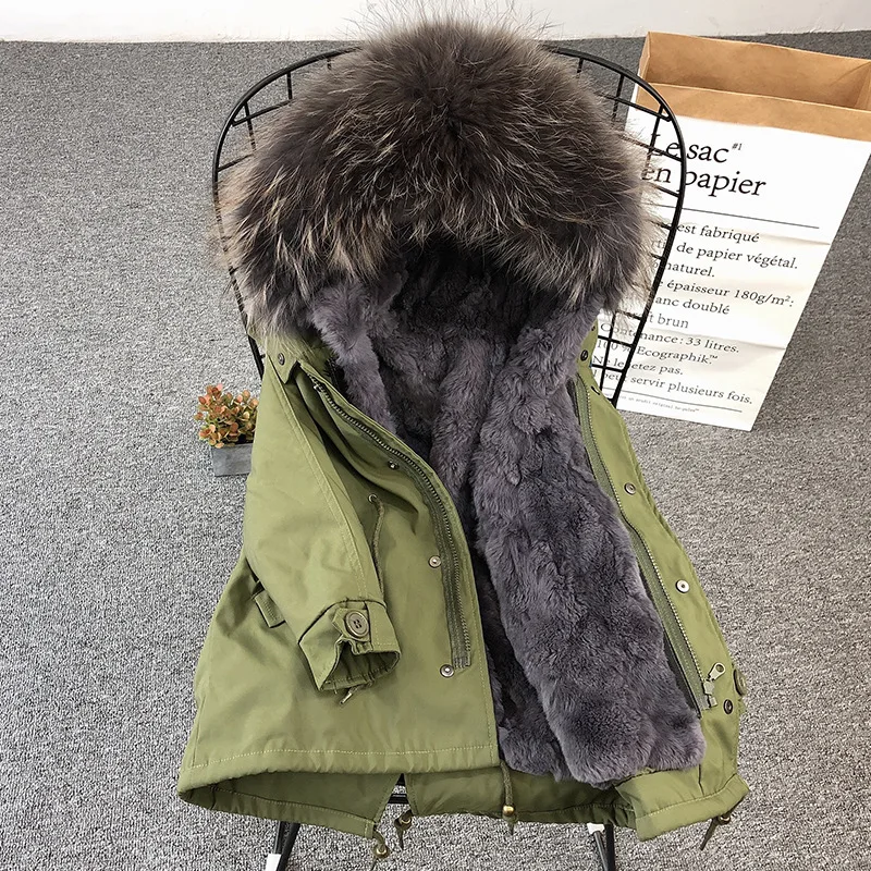 green grayt fur Детская одежда зимняя парка с натуральным мехом енота, большой пуховик с капюшоном из меха кролика рекса для девочек, зимняя куртка - Цвет: green grayt fur