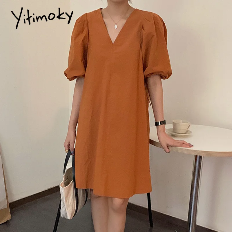 

Платье Yitimoky женское ТРАПЕЦИЕВИДНОЕ с короткими рукавами-фонариками и V-образным вырезом, свободный винтажный сарафан в Корейском стиле, гол...