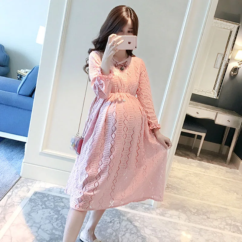 Кружевные платья с высокой талией Одежда для беременных женщин сезон осень