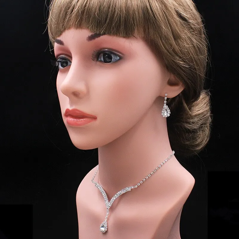 

PY09 Shiny Water Drop Necklace Earrings Set Chain Romantic Bride 2 Piece Set Crystal Zircon Wedding Accessories