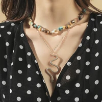 bohemian handmade beaded natural gravel snake pendant necklace set for women creative metal bead double chains choker jewelry