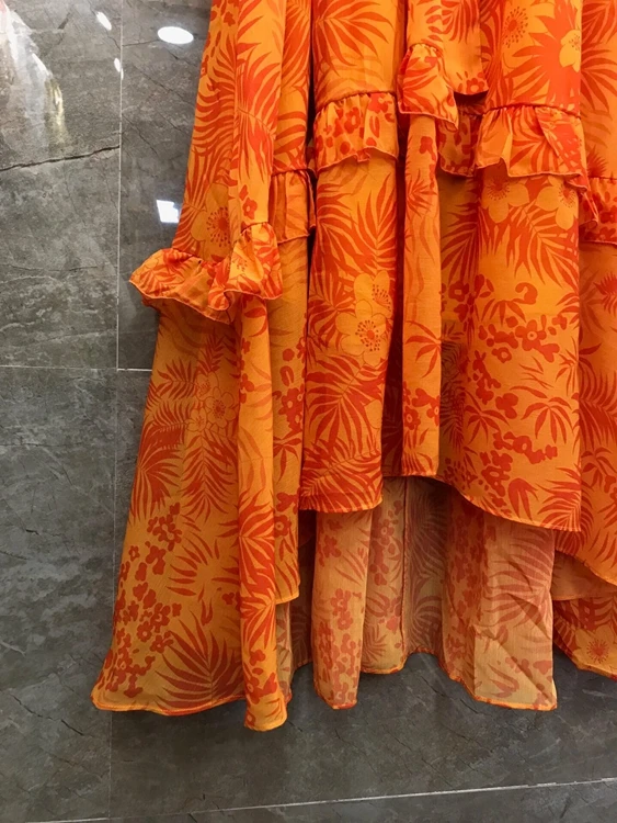 

Silk Long Dress 2021 Spring Summer Fashion Style Women V-Neck Elegant Floral Print Ruffle Long Sleeve Casual Maxi Dress Orange