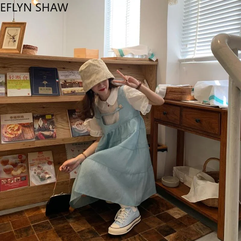 

Girls Sweet Dress Sets Summer New Blue Two Piece Wear Vest Dress & White Shirt Sets Lolita Style Women 2 Pieces Sets Puff Dress