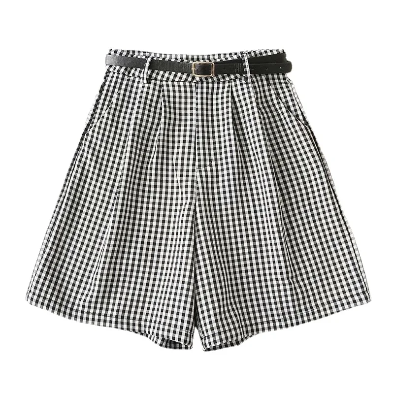 

DOUJILI Black White Plaid Shorts High Waist With Black Belt Fashon Women Short Pants Loose Leg Casual Shorts