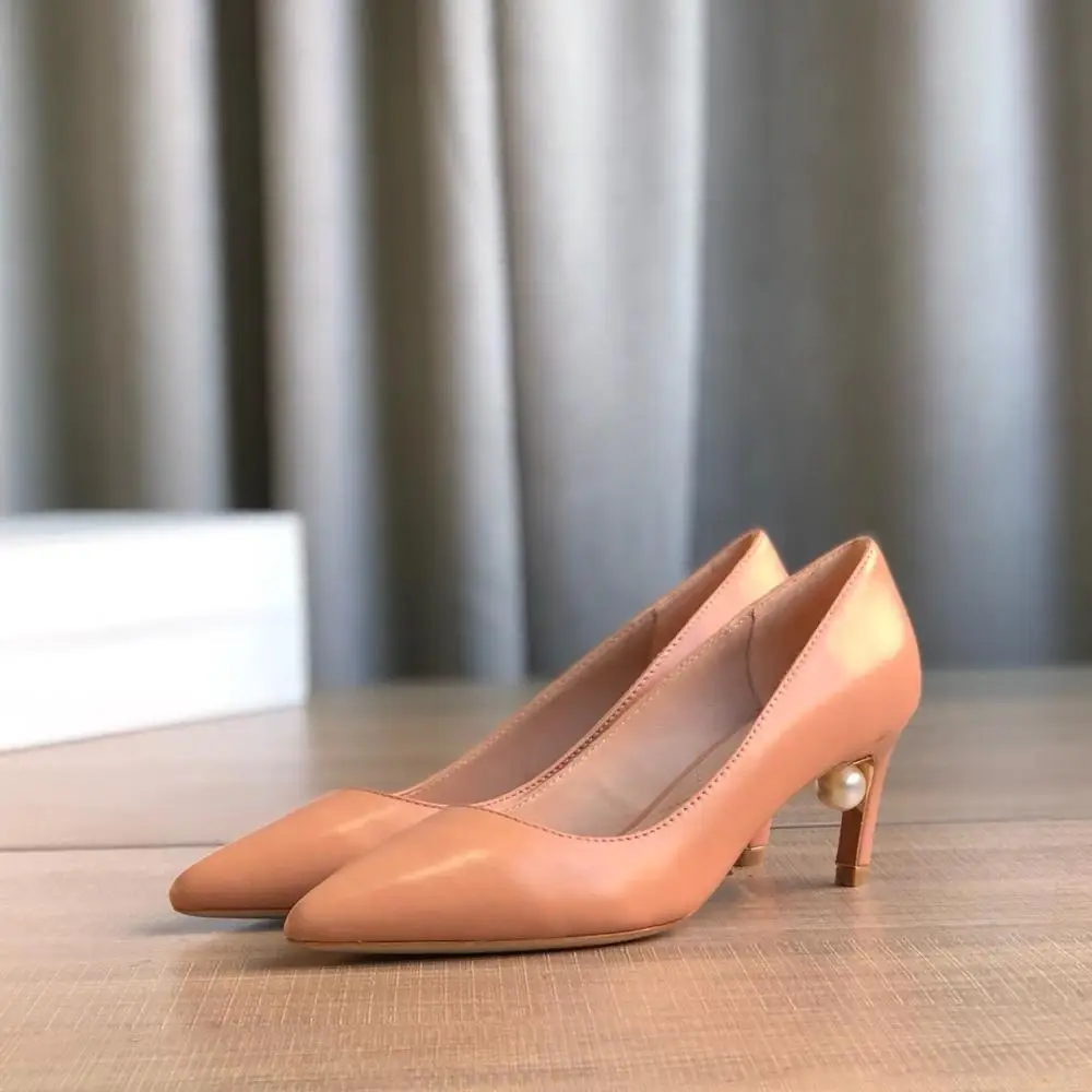 Популярные туфли женские классические лодочки с жемчужинами из натуральной кожи