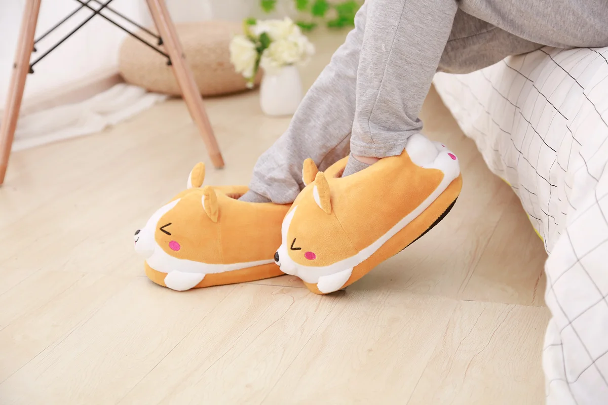 Lovely Corgi Shoes Heeled Cartoon Animals Dog Slippers Plush Indoor Floor Shoes Anti-slip Girls Ladies Friend Gift