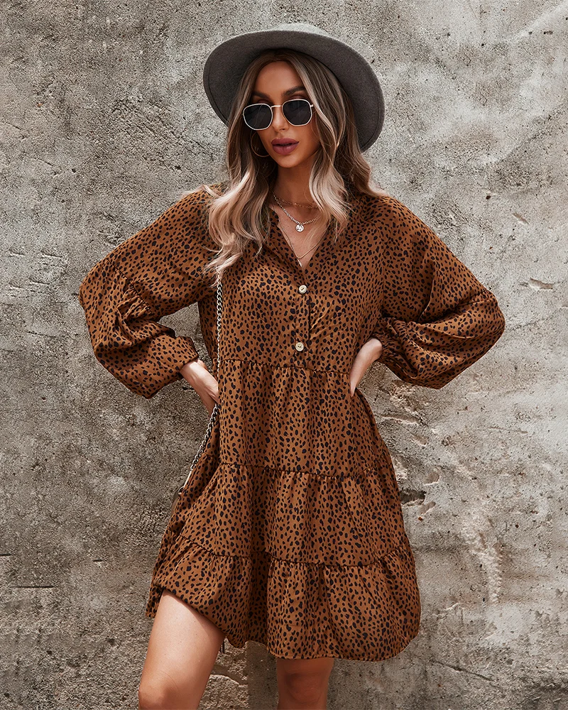

Leopard Dot Print Women Dress 2021 Autumn New Long Sleeve Boho Ruffle Vintage Dress V Neck Botton Casual Work Dresses Holidays