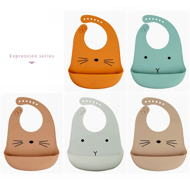 Baberos impermeables de silicona suave con dibujos animados para beb&eacute;, ajustable, receptor de comida para ni&ntilde;o peque&ntilde;o, delantales enrolladas de bolsillo para alimentaci&oacute;n-2