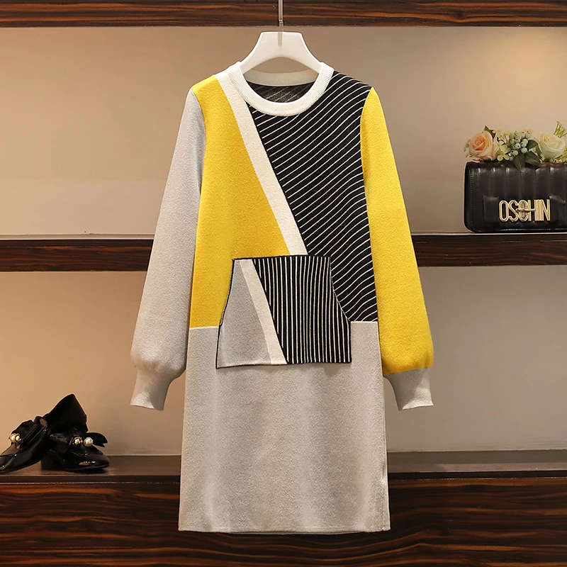 

2020 large size women's autumn and winter new sweater micro fat sister mm foreign style aging slimming knit dress