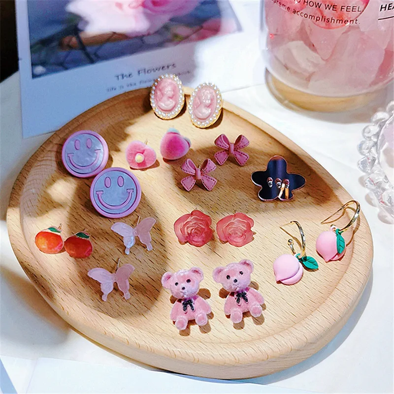 

S925 silver needle flocking ear stud girl sweet pink series personality INS wind bow earrings lovelysweet new earrings wholesale