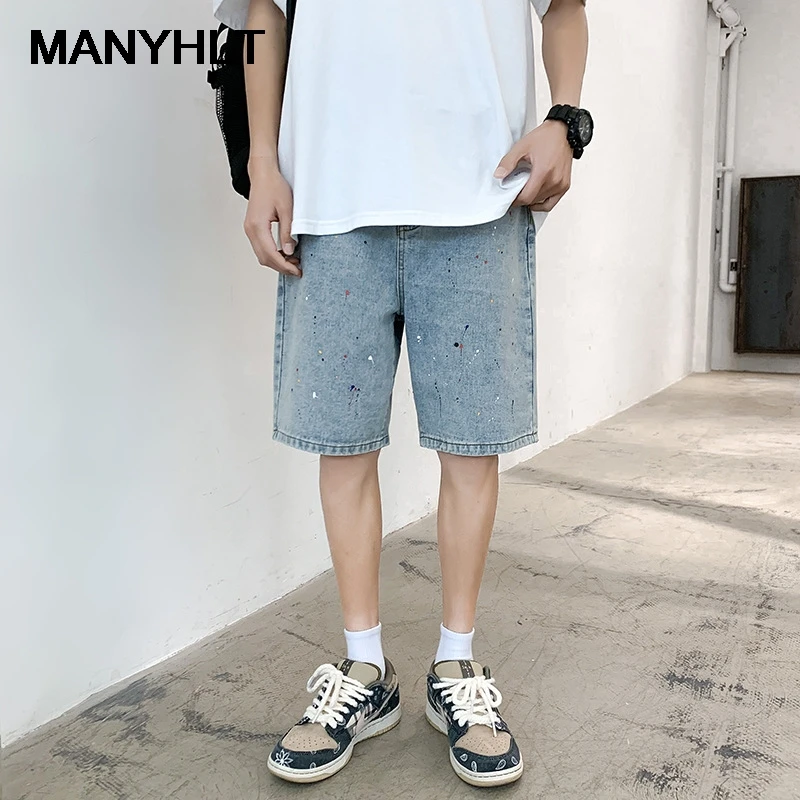 

New Men's Clothing Denim Shorts Men's Trend Retro Splash Ink Wild Fashion Casual Loose Straight Five-point Pants Overalls Shorts