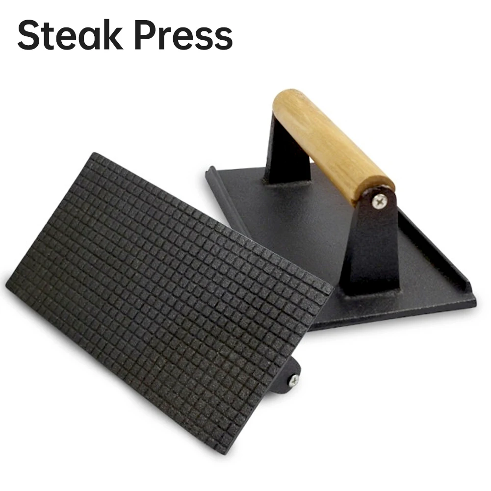 

Rectangle Big BBQ Tool Cast Iron Wooden Handle Steak Plate Meat Press Grill Fried Meat Squid Fried Steak Barbecue Pressure Plate