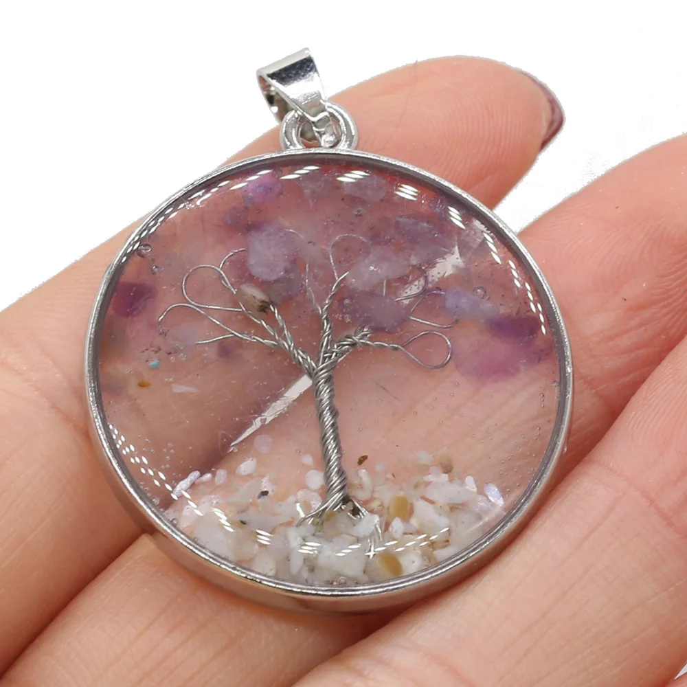 

Natural Stone Round Amethysts Gravel Tree Charm Pendant for DIY Necklace Earring Jewelry Making Women Jewelry Gift Size 33x33mm