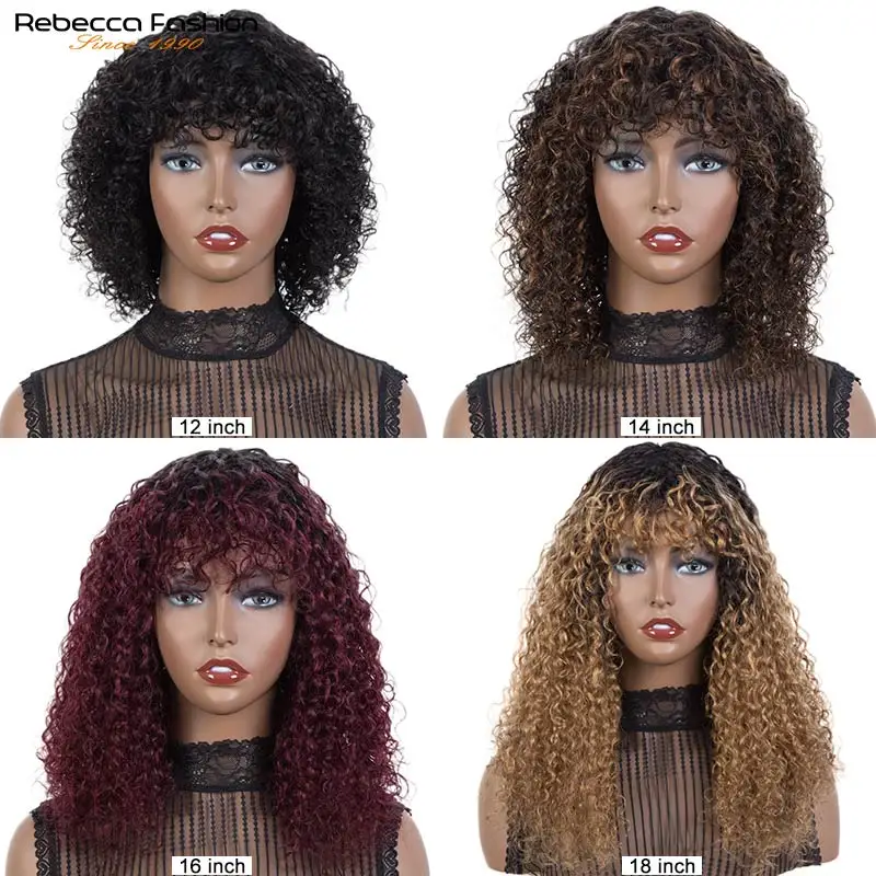 

Rebecca Short Curly Wig With Bangs Full Machine Wigs Romantic Curly Hair Wigs For Women Kinky Curly Human Hair Peruvian Remy Wig