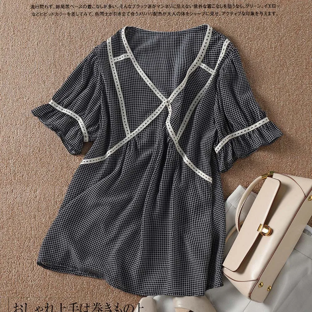 

Plaid Blouse Casual Women Short Sleeve Shirts Summer 2021 Korean Japan Tee Office Lady Work Female Tops