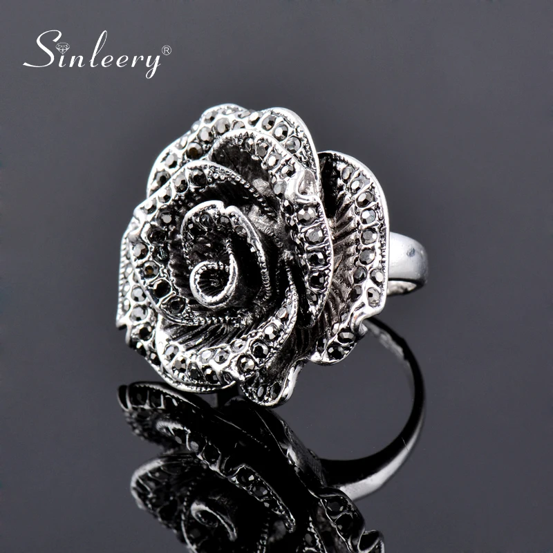 Женское Винтажное кольцо SINLEERY с большим черным кристаллом в виде цветка розы