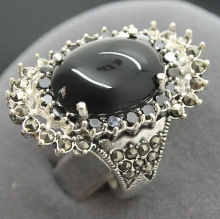 

925 SILVER 16X27MM MARCASITE NATURAL BLACK Natural jade RING SIZE 7/8/9/10
