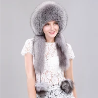 real fox fur hat with rabbit fur top girls winter hats with long tail pompoms russian trapper hat bombers cap bonnets for women